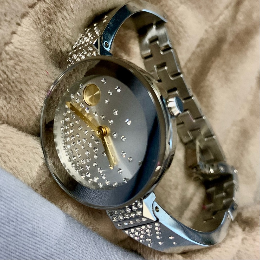 MOVADO BOLD COLLECTION SILVER BANGLE WATCH WITH CRYSTAL ACCENTS -  BASICALLY NEW